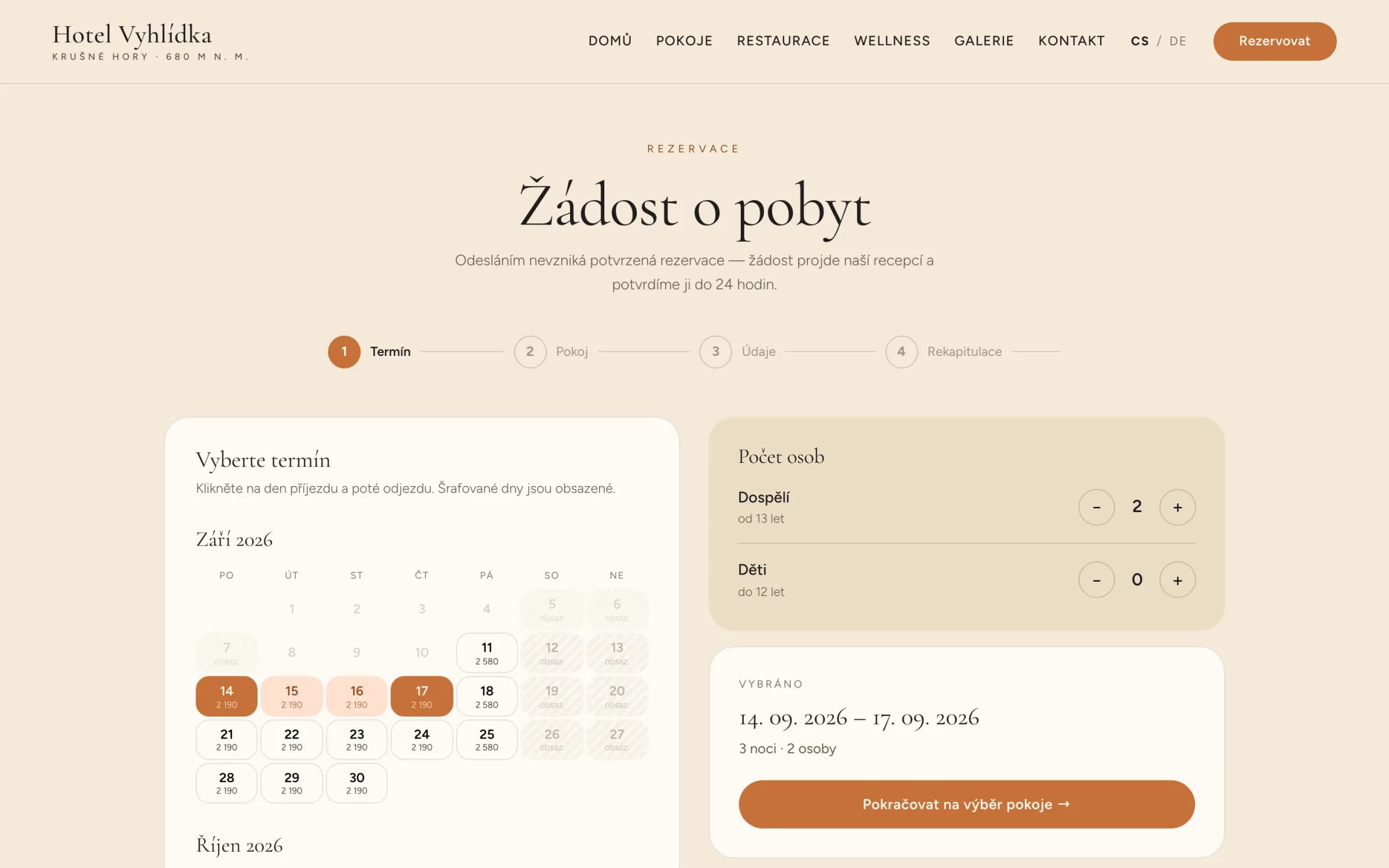 Step 1 — a calendar showing booked days and the price for each date