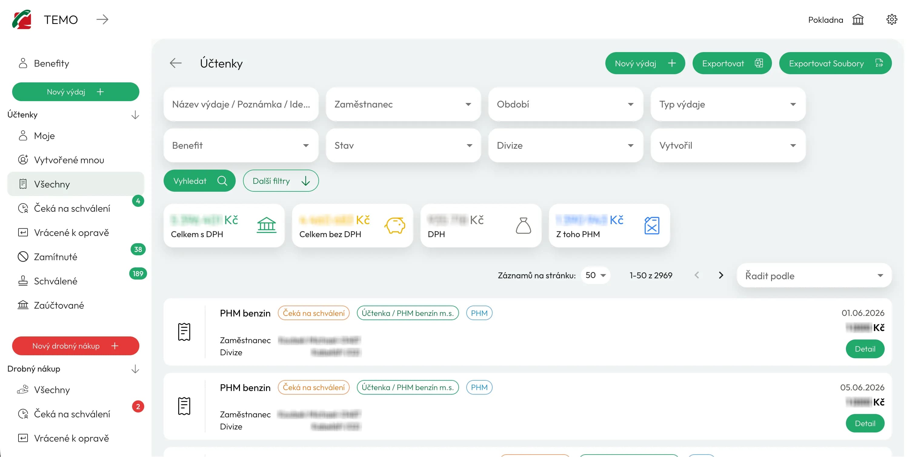 Aplikace pro digitalizaci účtenek — přehled účtenek s filtry