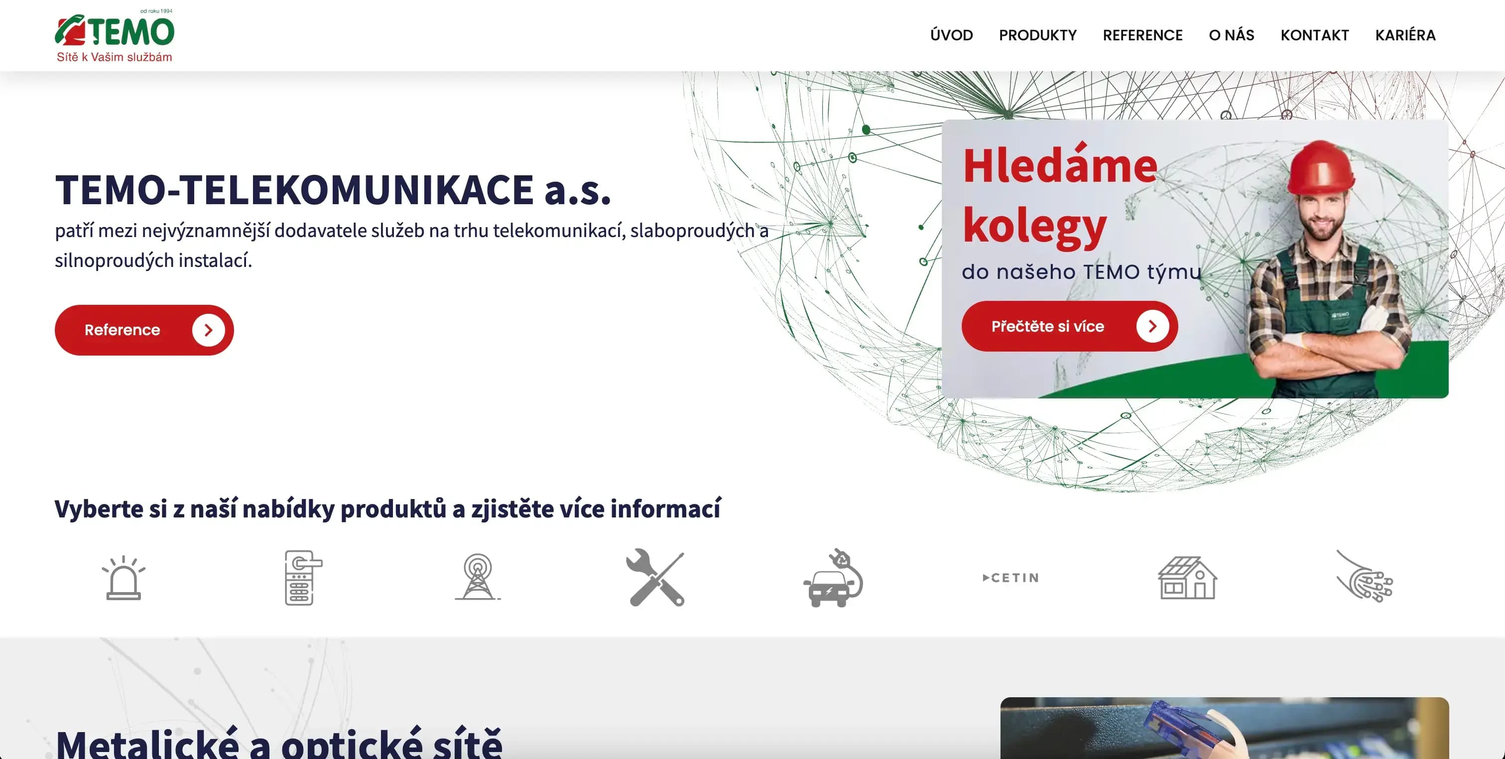 Úvodní stránka webu TEMO-TELEKOMUNIKACE — desktop
